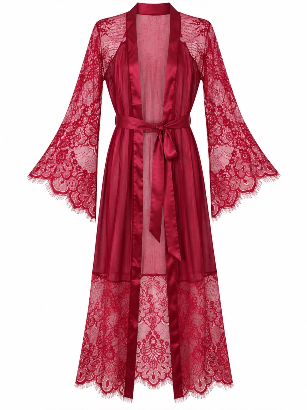 NEW Jireh Burgundy Wine Red Satin & Lace Long Robe + Matching G-String Panty Set